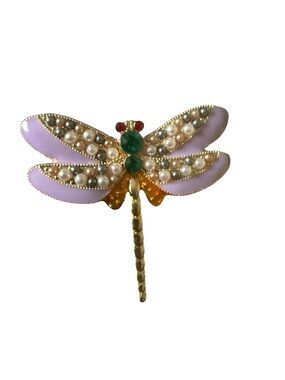 Vintage Lavender and Gold Dragonfly Brooch with Pearl and Green Gem Accents
